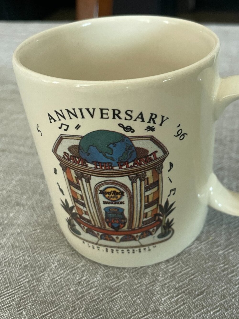 Hard Rock Cafe Bangkok White Ceramic 5th Anniversary Mug '96 Save the Planet!